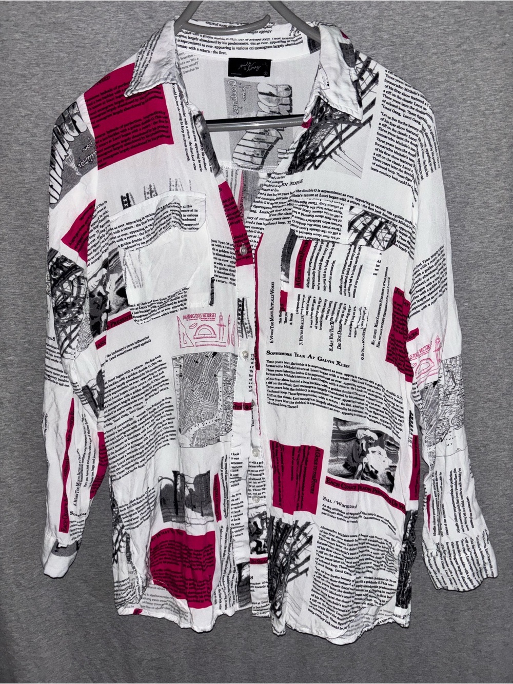 Milk & Honey Women's White Button-Down Shirt with Fuchsia & Black Newsprint